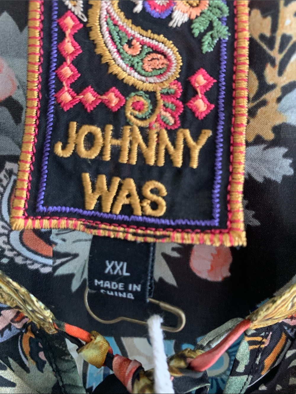 Johnny Was Black Floral Paisley V-Neck Tunic with Gold Trim - Picture 6 of 8